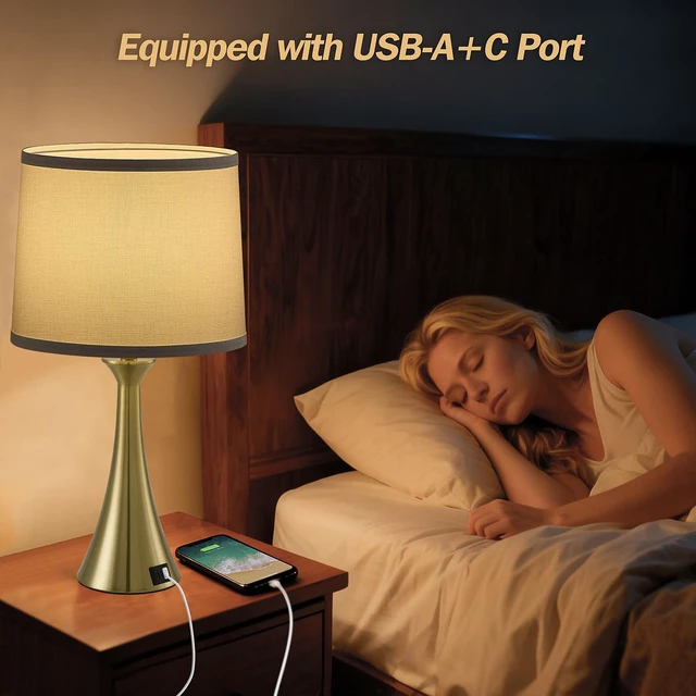 Alt view image 5 of 7 - Touch Table Lamps Set of 2, 21" Bedside Lamps with USB C+A 3 Way Dimmable Nightstand Lamps with Linen Shades, 2 LED Bulbs Included, Touch Lamp for Living Room, Bedroom and End Tables