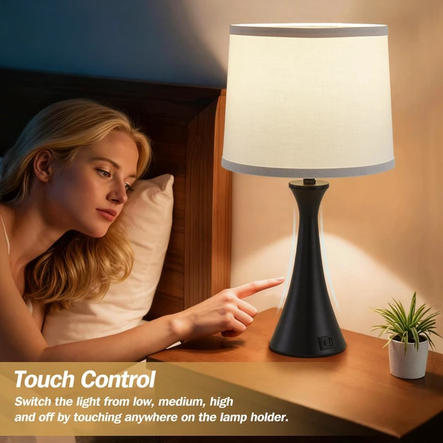 Alt view image 3 of 7 - Touch Table Lamps Set of 2, 21" Bedside Lamps with USB C+A 3 Way Dimmable Nightstand Lamps with Linen Shades, 2 LED Bulbs Included, Touch Lamp for Living Room, Bedroom and End Tables