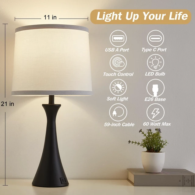 Alt view image 2 of 7 - Touch Table Lamps Set of 2, 21" Bedside Lamps with USB C+A 3 Way Dimmable Nightstand Lamps with Linen Shades, 2 LED Bulbs Included, Touch Lamp for Living Room, Bedroom and End Tables