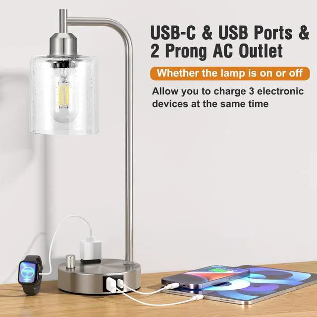 Alt view image 3 of 6 - Industrial Table Lamps for Bedrooms Set of 2 - Fully Dimmable Bedside Lamps with USB A and C Ports and Outlet, Nickel Nightstand Lamps with Glass Shade for Living Room, Desk Lamps for Office Reading