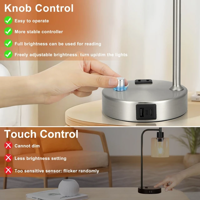 Alt view image 4 of 6 - Industrial Table Lamps for Bedrooms Set of 2 - Fully Dimmable Bedside Lamps with USB A and C Ports and Outlet, Nickel Nightstand Lamps with Glass Shade for Living Room, Desk Lamps for Office Reading