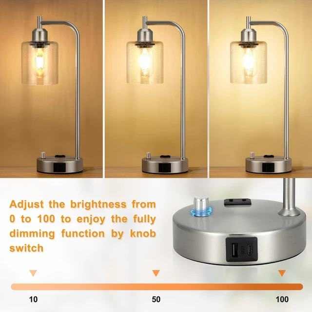 Alt view image 2 of 6 - Industrial Table Lamps for Bedrooms Set of 2 - Fully Dimmable Bedside Lamps with USB A and C Ports and Outlet, Nickel Nightstand Lamps with Glass Shade for Living Room, Desk Lamps for Office Reading