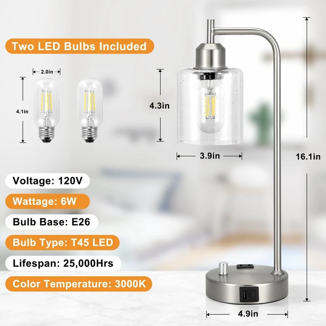 Alt view image 5 of 6 - Industrial Table Lamps for Bedrooms Set of 2 - Fully Dimmable Bedside Lamps with USB A and C Ports and Outlet, Nickel Nightstand Lamps with Glass Shade for Living Room, Desk Lamps for Office Reading