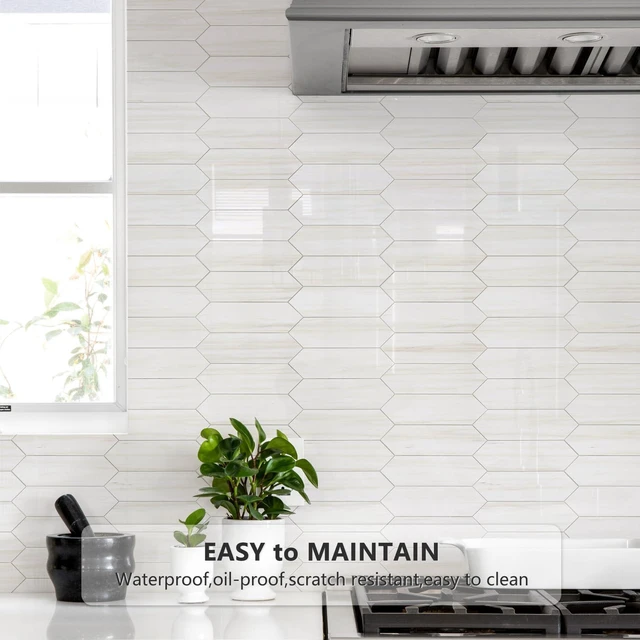 Alt view image 2 of 7 - Glossy Dolomite White Backsplash Tile Peel and Stick, 12.8 x 12.8 Inch 10 Sheets Long Hexagon PVC Self Adhesive Mosaic Wall Tiles Stick on Backsplash for Kitchen and Bathroom