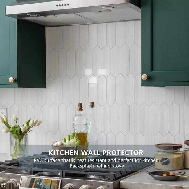 Alt view image 3 of 7 - Glossy Dolomite White Backsplash Tile Peel and Stick, 12.8 x 12.8 Inch 10 Sheets Long Hexagon PVC Self Adhesive Mosaic Wall Tiles Stick on Backsplash for Kitchen and Bathroom