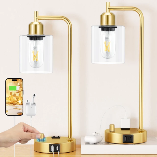 Main image of Industrial Table Lamp for Bedroom Set of 2 - Fully Dimmable Bedside Lamps with USB Ports and Outlet, Gold Nightstand Lamps with Clear Glass Shade for Living Room, Desk Lamps for Office Reading
