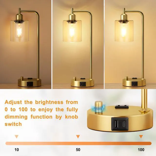 Alt view image 2 of 7 - Industrial Table Lamp for Bedroom Set of 2 - Fully Dimmable Bedside Lamps with USB Ports and Outlet, Gold Nightstand Lamps with Clear Glass Shade for Living Room, Desk Lamps for Office Reading