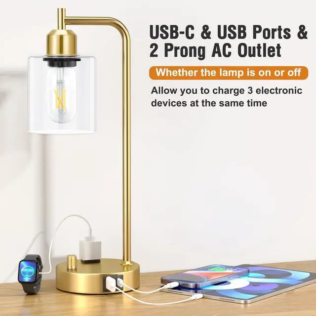 Alt view image 3 of 7 - Industrial Table Lamp for Bedroom Set of 2 - Fully Dimmable Bedside Lamps with USB Ports and Outlet, Gold Nightstand Lamps with Clear Glass Shade for Living Room, Desk Lamps for Office Reading