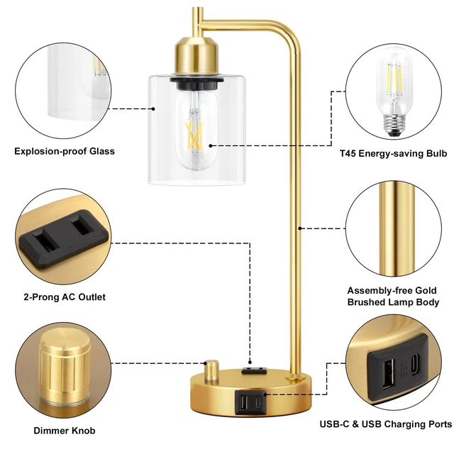 Alt view image 4 of 7 - Industrial Table Lamp for Bedroom Set of 2 - Fully Dimmable Bedside Lamps with USB Ports and Outlet, Gold Nightstand Lamps with Clear Glass Shade for Living Room, Desk Lamps for Office Reading
