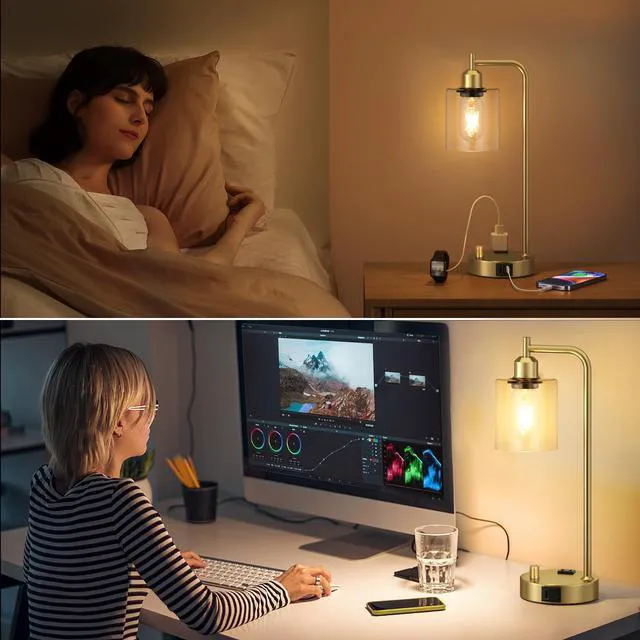 Alt view image 6 of 7 - Industrial Table Lamp for Bedroom Set of 2 - Fully Dimmable Bedside Lamps with USB Ports and Outlet, Gold Nightstand Lamps with Clear Glass Shade for Living Room, Desk Lamps for Office Reading