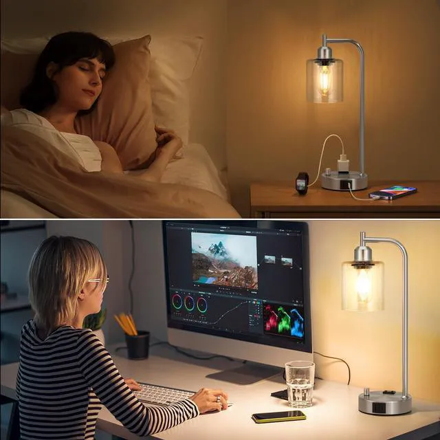 Alt view image 6 of 6 - Industrial Table Lamps for Bedrooms Set of 2 - Fully Dimmable Bedside Lamps with USB A and C Ports and Outlet, Nickel Nightstand Lamps with Glass Shade for Living Room, Desk Lamps for Office Reading