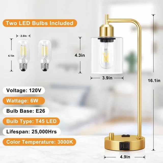 Alt view image 7 of 7 - Industrial Table Lamp for Bedroom Set of 2 - Fully Dimmable Bedside Lamps with USB Ports and Outlet, Gold Nightstand Lamps with Clear Glass Shade for Living Room, Desk Lamps for Office Reading