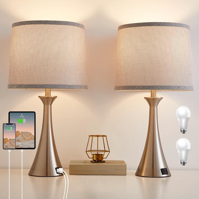 Main image of Touch Table Lamps Set of 2, 21" Bedside Lamps with USB C+A, Silver 3 Way Dimmable Nightstand Lamps with Linen Shades, 2 LED Bulbs Included, Touch Lamp for Living Room, Bedroom and End Tables