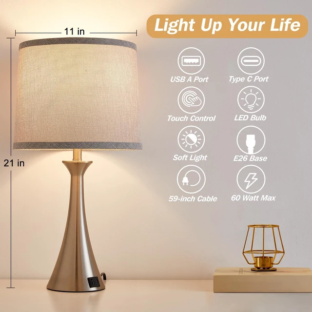 Alt view image 2 of 7 - Touch Table Lamps Set of 2, 21" Bedside Lamps with USB C+A, Silver 3 Way Dimmable Nightstand Lamps with Linen Shades, 2 LED Bulbs Included, Touch Lamp for Living Room, Bedroom and End Tables