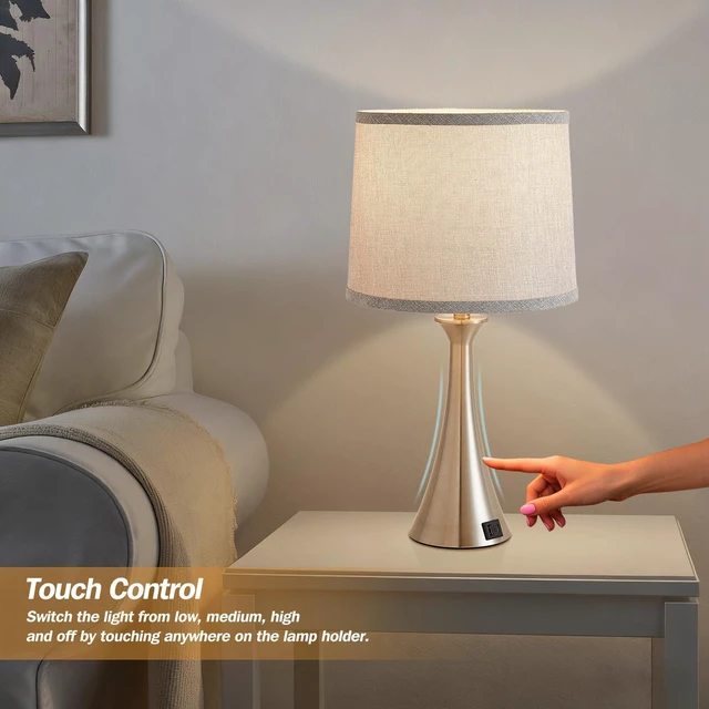 Alt view image 3 of 7 - Touch Table Lamps Set of 2, 21" Bedside Lamps with USB C+A, Silver 3 Way Dimmable Nightstand Lamps with Linen Shades, 2 LED Bulbs Included, Touch Lamp for Living Room, Bedroom and End Tables