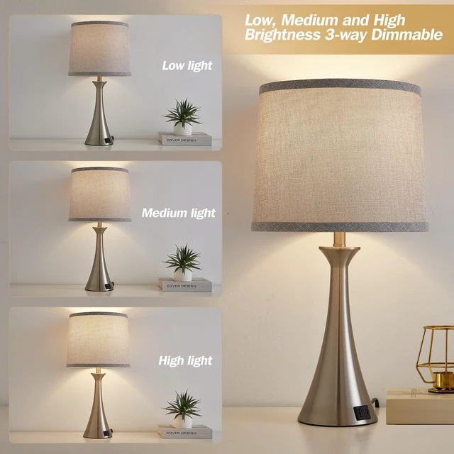 Alt view image 4 of 7 - Touch Table Lamps Set of 2, 21" Bedside Lamps with USB C+A, Silver 3 Way Dimmable Nightstand Lamps with Linen Shades, 2 LED Bulbs Included, Touch Lamp for Living Room, Bedroom and End Tables
