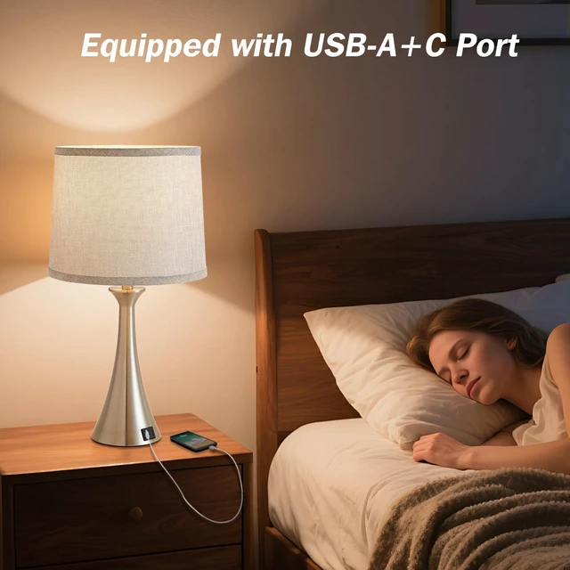 Alt view image 5 of 7 - Touch Table Lamps Set of 2, 21" Bedside Lamps with USB C+A, Silver 3 Way Dimmable Nightstand Lamps with Linen Shades, 2 LED Bulbs Included, Touch Lamp for Living Room, Bedroom and End Tables