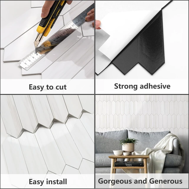 Alt view image 5 of 7 - Glossy Dolomite White Backsplash Tile Peel and Stick, 12.8 x 12.8 Inch 10 Sheets Long Hexagon PVC Self Adhesive Mosaic Wall Tiles Stick on Backsplash for Kitchen and Bathroom