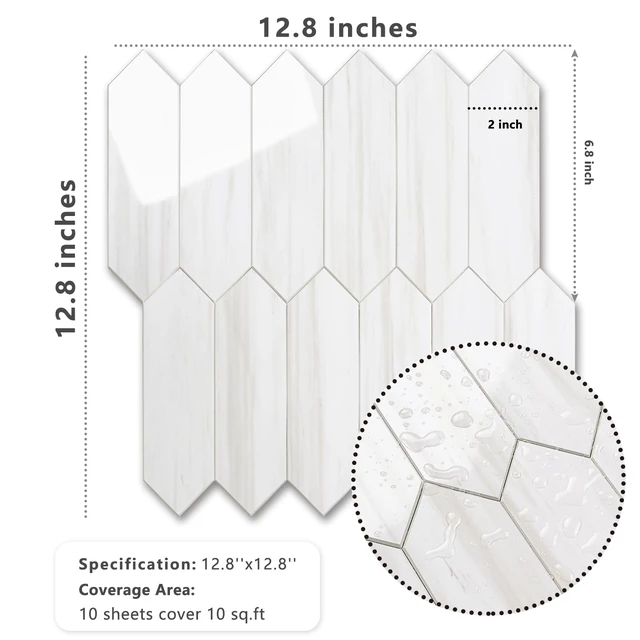 Alt view image 7 of 7 - Glossy Dolomite White Backsplash Tile Peel and Stick, 12.8 x 12.8 Inch 10 Sheets Long Hexagon PVC Self Adhesive Mosaic Wall Tiles Stick on Backsplash for Kitchen and Bathroom