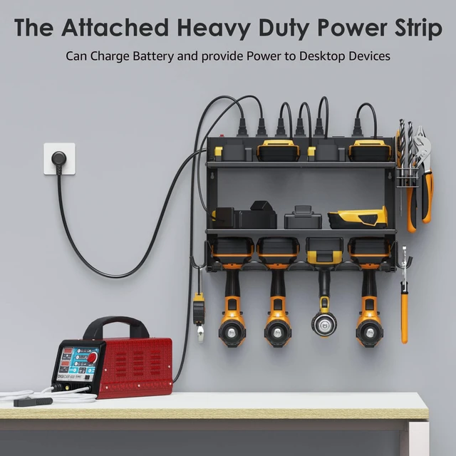 Alt view image 3 of 7 - Wall Mount Modular Tool Charging Organizer, Black, 1 Pack, 3 Tier. Drill Battery Storage Rack with Hooks, Garage Workshop, Gifts for Men, Dad, Husband Anniversary, Birthday, Christmas