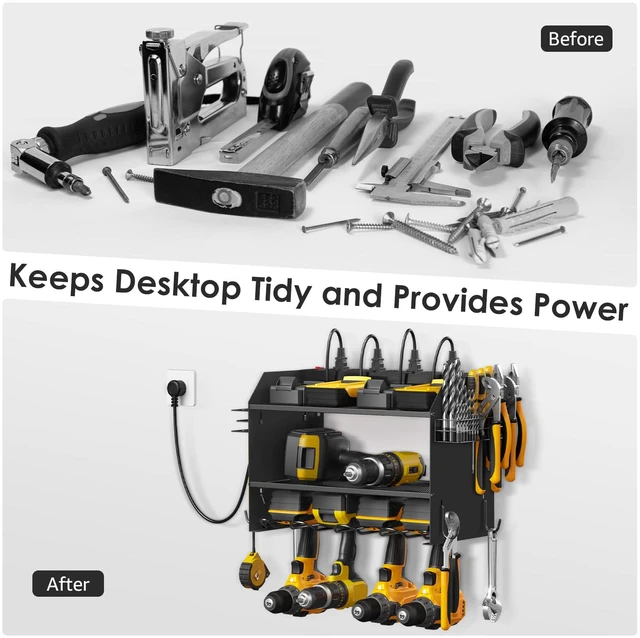 Alt view image 4 of 7 - Wall Mount Modular Tool Charging Organizer, Black, 1 Pack, 3 Tier. Drill Battery Storage Rack with Hooks, Garage Workshop, Gifts for Men, Dad, Husband Anniversary, Birthday, Christmas