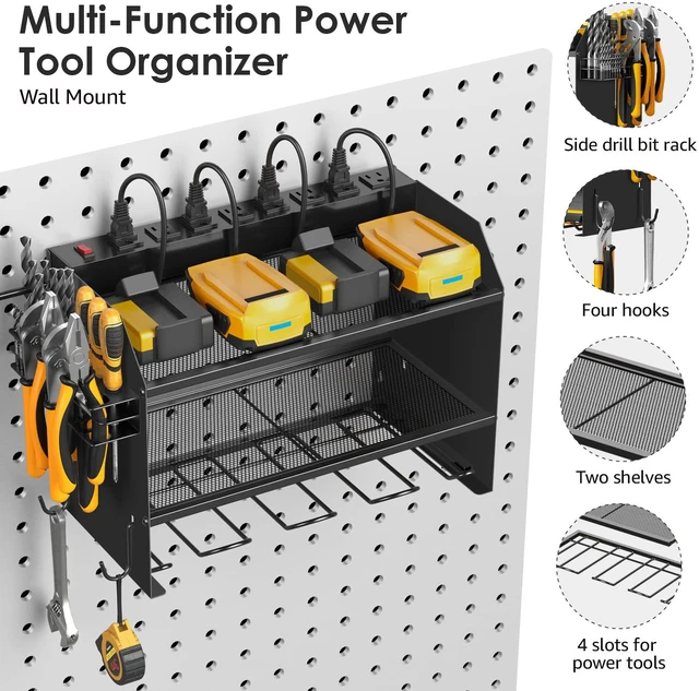 Alt view image 5 of 7 - Wall Mount Modular Tool Charging Organizer, Black, 1 Pack, 3 Tier. Drill Battery Storage Rack with Hooks, Garage Workshop, Gifts for Men, Dad, Husband Anniversary, Birthday, Christmas