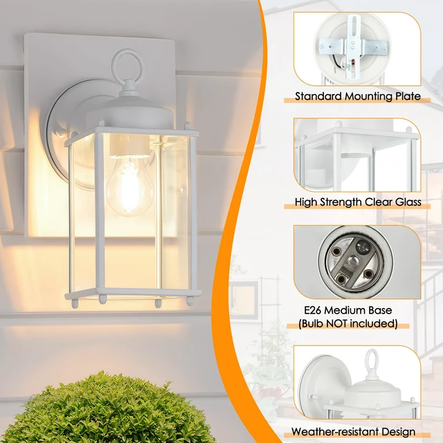 Alt view image 6 of 7 - Large Outdoor Wall Lantern, Exterior Waterproof Wall Sconce Light Fixtures, White Front Door Lighting with Clear Beveled Glass, Anti-Rust E26 Socket Porch Lamp, 2 Pack
