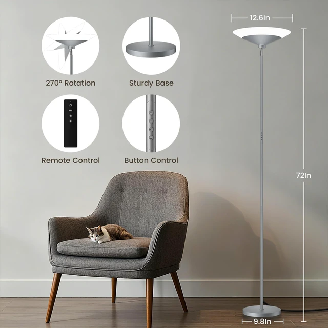 Alt view image 2 of 7 - Silver Torchiere Floor Lamp - 30W Dimmable LED Standing Lamp with Remote/Button Control, 1800Lm, 3000-6500K, 72in Bright Standing Pole Light for Living Room Bedroom Office Corner