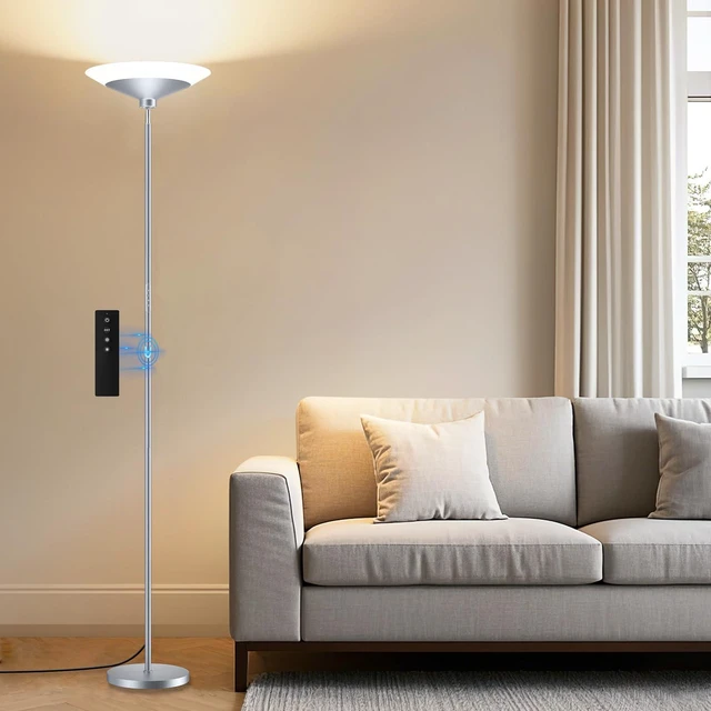 Main image of Silver Torchiere Floor Lamp - 30W Dimmable LED Standing Lamp with Remote/Button Control, 1800Lm, 3000-6500K, 72in Bright Standing Pole Light for Living Room Bedroom Office Corner
