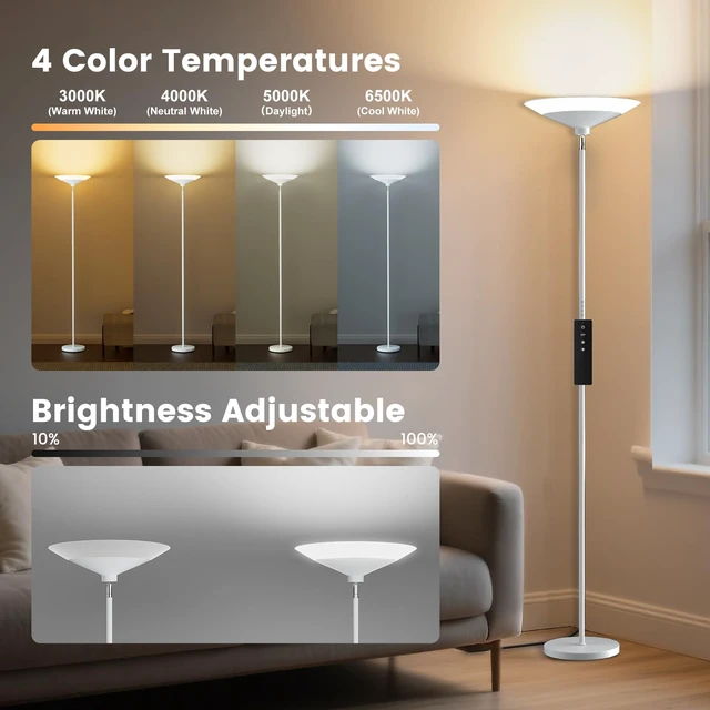Alt view image 3 of 7 - Silver Torchiere Floor Lamp - 30W Dimmable LED Standing Lamp with Remote/Button Control, 1800Lm, 3000-6500K, 72in Bright Standing Pole Light for Living Room Bedroom Office Corner