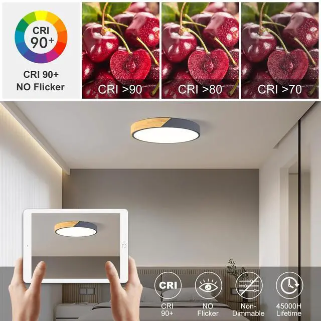 Alt view image 2 of 7 - Modern LED Ceiling Light, Minimalist Wood Flush Mount Ceiling Light Fixture, 4000K Not Dimmable, Circle Lighting Lamp with Acrylic Lampshade for Bedroom Dining Room Laundry (Grey, 15.8'')
