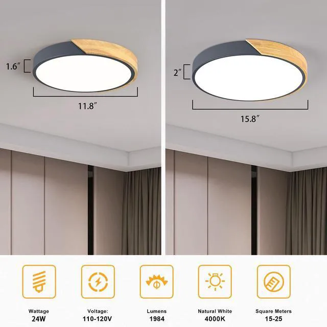 Alt view image 3 of 7 - Modern LED Ceiling Light, Minimalist Wood Flush Mount Ceiling Light Fixture, 4000K Not Dimmable, Circle Lighting Lamp with Acrylic Lampshade for Bedroom Dining Room Laundry (Grey, 15.8'')