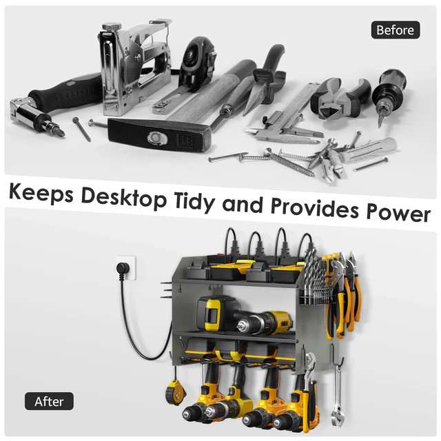 Alt view image 4 of 7 - Wall Mount Modular Tool Charging Organizer, Grey, 1 Pack, 3 Tier. Drill Battery Storage Rack with Hooks, Garage Workshop, Gifts for Men, Dad, Husband Anniversary, Birthday, Christmas