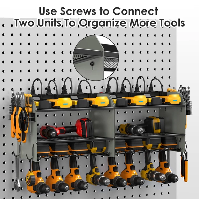 Alt view image 5 of 7 - Wall Mount Modular Tool Charging Organizer, Grey, 1 Pack, 3 Tier. Drill Battery Storage Rack with Hooks, Garage Workshop, Gifts for Men, Dad, Husband Anniversary, Birthday, Christmas
