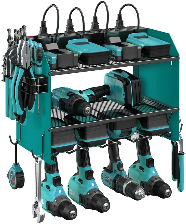 Main image of Wall Mount Modular Tool Charging Organizer, NavyBlue, 1 Pack, 3 Tier. Drill Battery Storage Rack with Hooks, Garage Workshop, Gifts for Men, Dad, Husband Anniversary, Birthday, Christmas