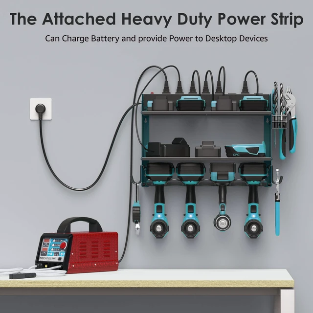 Alt view image 3 of 7 - Wall Mount Modular Tool Charging Organizer, NavyBlue, 1 Pack, 3 Tier. Drill Battery Storage Rack with Hooks, Garage Workshop, Gifts for Men, Dad, Husband Anniversary, Birthday, Christmas