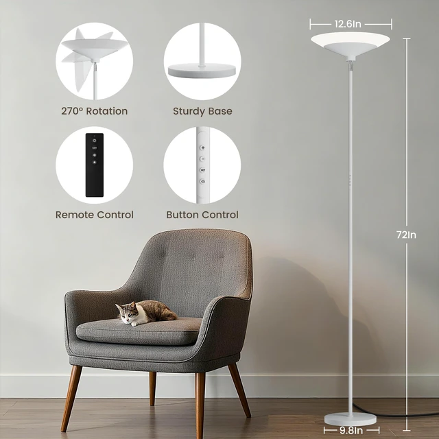 Alt view image 2 of 7 - White Torchiere Floor Lamp - 30W Dimmable LED Standing Lamp with Remote/Button Control, 1800Lm, 3000-6500K, 72in Bright Standing Pole Light for Living Room Bedroom Office Corner