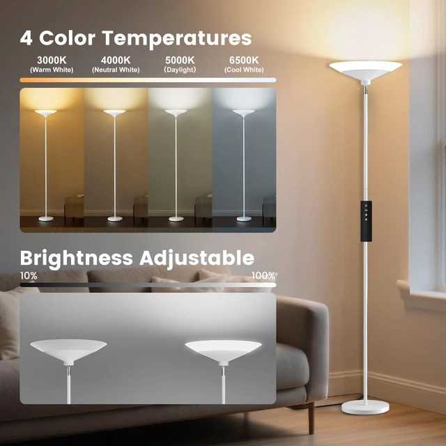 Alt view image 3 of 7 - White Torchiere Floor Lamp - 30W Dimmable LED Standing Lamp with Remote/Button Control, 1800Lm, 3000-6500K, 72in Bright Standing Pole Light for Living Room Bedroom Office Corner