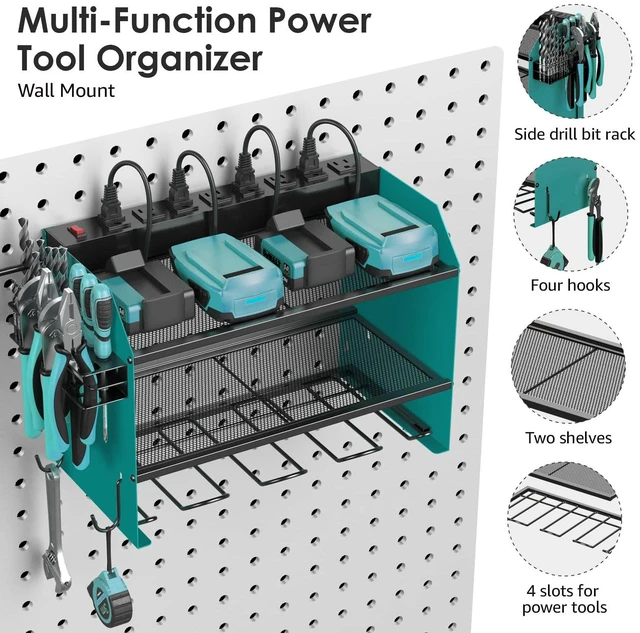 Alt view image 5 of 7 - Wall Mount Modular Tool Charging Organizer, NavyBlue, 1 Pack, 3 Tier. Drill Battery Storage Rack with Hooks, Garage Workshop, Gifts for Men, Dad, Husband Anniversary, Birthday, Christmas