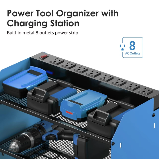 Alt view image 2 of 7 - Wall Mount Modular Tool Charging Organizer, Blue, 1 Pack, 3 Tier. Drill Battery Storage Rack with Hooks, Garage Workshop, Gifts for Men, Dad, Husband Anniversary, Birthday, Christmas