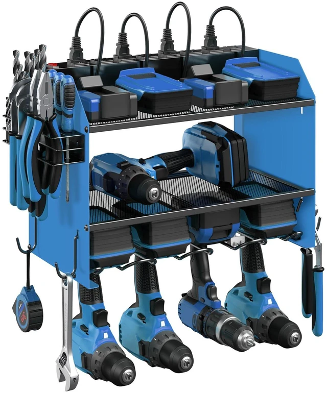 Main image of Wall Mount Modular Tool Charging Organizer, Blue, 1 Pack, 3 Tier. Drill Battery Storage Rack with Hooks, Garage Workshop, Gifts for Men, Dad, Husband Anniversary, Birthday, Christmas