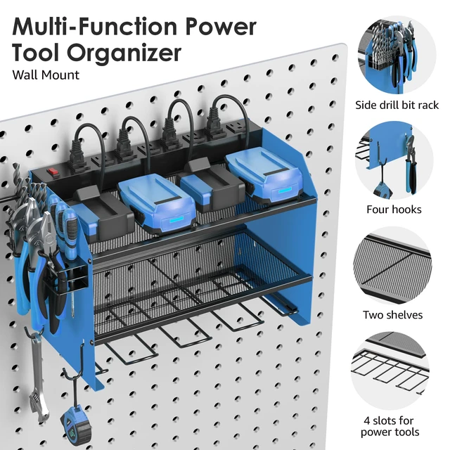 Alt view image 5 of 7 - Wall Mount Modular Tool Charging Organizer, Blue, 1 Pack, 3 Tier. Drill Battery Storage Rack with Hooks, Garage Workshop, Gifts for Men, Dad, Husband Anniversary, Birthday, Christmas