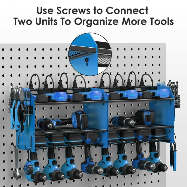 Alt view image 6 of 7 - Wall Mount Modular Tool Charging Organizer, Blue, 1 Pack, 3 Tier. Drill Battery Storage Rack with Hooks, Garage Workshop, Gifts for Men, Dad, Husband Anniversary, Birthday, Christmas