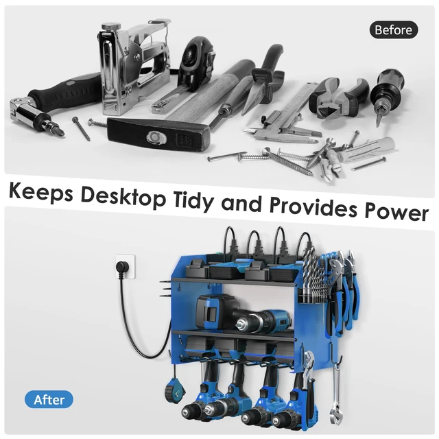 Alt view image 4 of 7 - Wall Mount Modular Tool Charging Organizer, Blue, 1 Pack, 3 Tier. Drill Battery Storage Rack with Hooks, Garage Workshop, Gifts for Men, Dad, Husband Anniversary, Birthday, Christmas