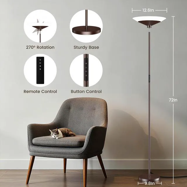 Alt view image 2 of 7 - Brown Torchiere Floor Lamp - 30W Dimmable LED Standing Lamp with Remote, 4 Color Temps, Stepless Dimming, 3000-6500K, 1800LM, 72in Tall Floor Light for Office Bedroom Living Room Corner