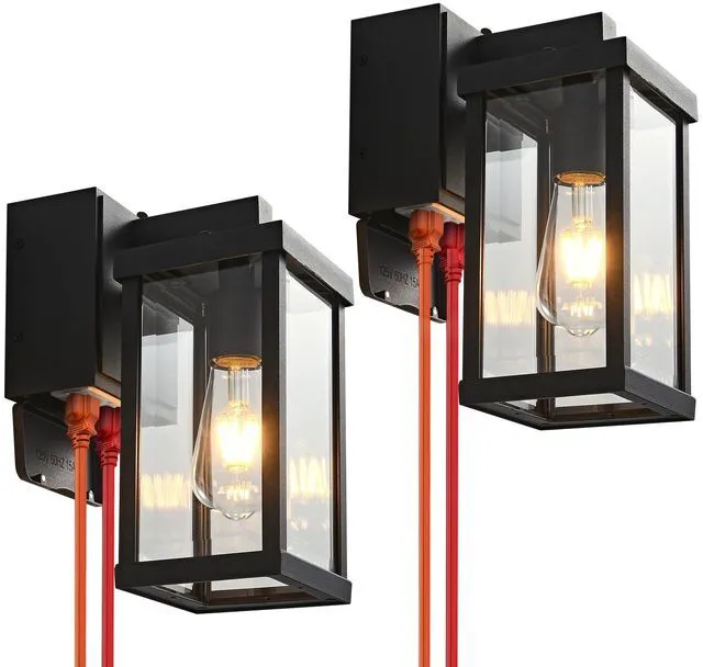 Main image of Porch Lights with GFCI Outlets Dusk to Dawn Outdoor Wall Lights Waterproof Exterior Lighting Fixtures Modern Outside Lights Wall Mount for House Patio Garage,Black,11.8''H, 2 PC