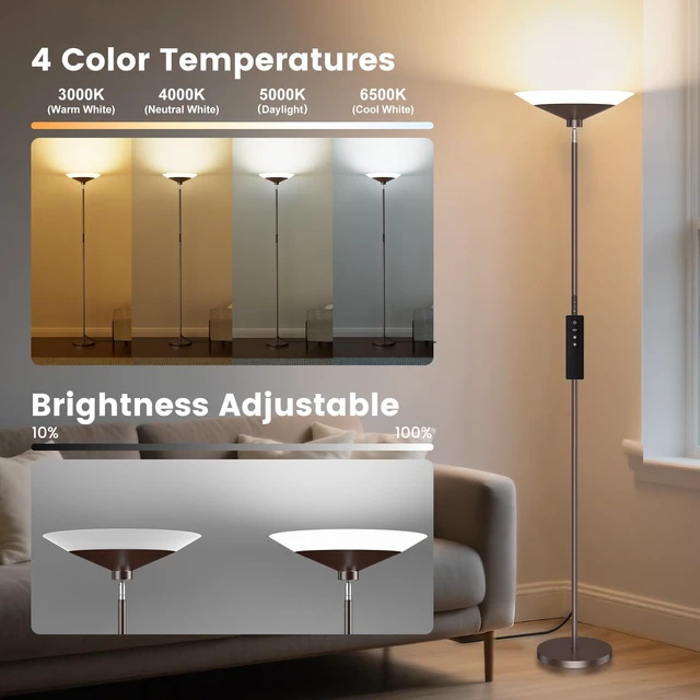 Alt view image 3 of 7 - Brown Torchiere Floor Lamp - 30W Dimmable LED Standing Lamp with Remote, 4 Color Temps, Stepless Dimming, 3000-6500K, 1800LM, 72in Tall Floor Light for Office Bedroom Living Room Corner