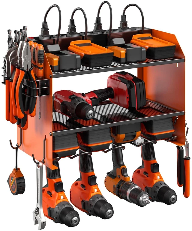 Main image of Wall Mount Modular Tool Charging Organizer, Orange, 1 Pack, 3 Tier. Drill Battery Storage Rack with Hooks, Garage Workshop, Gifts for Men, Dad, Husband Anniversary, Birthday, Christmas