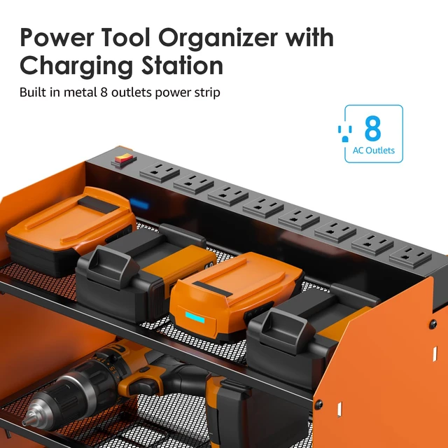 Alt view image 2 of 7 - Wall Mount Modular Tool Charging Organizer, Orange, 1 Pack, 3 Tier. Drill Battery Storage Rack with Hooks, Garage Workshop, Gifts for Men, Dad, Husband Anniversary, Birthday, Christmas