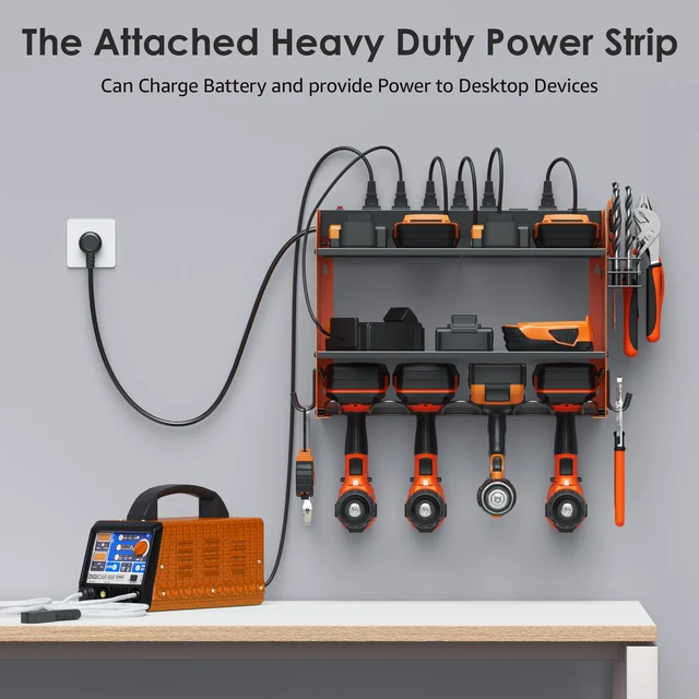 Alt view image 3 of 7 - Wall Mount Modular Tool Charging Organizer, Orange, 1 Pack, 3 Tier. Drill Battery Storage Rack with Hooks, Garage Workshop, Gifts for Men, Dad, Husband Anniversary, Birthday, Christmas